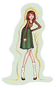pixel art of extremely long-limbed lady doing a slouched-over fashion pose, she has pale skin and a reddish-brown long bob, she's wearing a brown scoop-neck sweater, midi-length green plaid pleated skirt with slip showing underneath, white tube socks which are falling down, black mary-janes, bow in hair, music note-shaped brooch, decorative gold filigree curled around her, deviantart green background